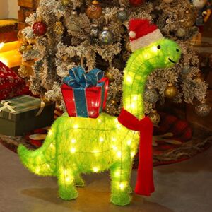 WATERGLIDE Lighted Christmas Green Dinosaur with Gift Box Decorations, 27 Inch Pre-Lit Light Up 3D Brachiosaurus Xmas Outdoor Yard Decor with Lights, for Festive Xmas Holiday Garden Lawn Display