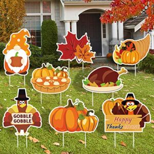 8 Pcs Turkey Thanksgiving Yard Decorations Outdoor Thanksgiving Decor Yard Signs with Stakes, Large Turkey Pumpkin Maple Leaf Gnome Yard Signs for Lawn Yard Garden Pathway Fall Decor