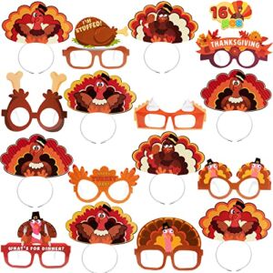 Thanksgiving Turkey Headbands and Glasses Frame (16 Packs), Holiday Headbands and Glasses Frame for Thanksgiving Party Favors Accessories(One Size Fits All)