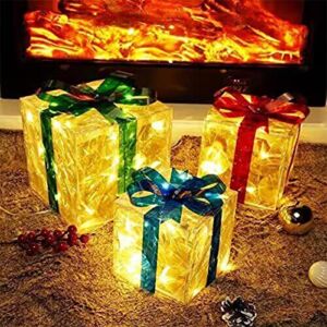 3PCS Christmas Lighted Gift Boxes, Folding Luminous Box, Christmas Lantern Festival Light String Indoor Outdoor Decor, Weddings Yard Home Holiday Art Decorations