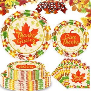 DawnHope Fall Party Supplies Thanksgiving Decorations 10 IN Serves 50 Big Size Paper Plates and Napkins Give Thanks Pumpkin Maple Leaves with Lighted Design Tableware for Autumn Decor