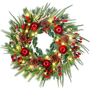 DDHS 18 inch Christmas Wreaths for Front Door, Christmas Wreath with Lights Artificial Apples, Antlers, Pine Cones, Red Berries Colors were Bright Christmas Indoor & Outdoor Holiday Decoration…