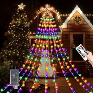 Outdoor Christmas Decorations Star Lights, 12Ft 355 LED Waterfall Christmas Tree Lights with Topper Star, 8 Lighting Mode& Timer String Lights for Yard Tree Home Holiday Indoor Outdoor Xmas Decor