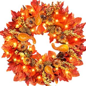 [Timer] 20 Inch 30 LED Prelit Thick Fall Front Door Wreath Thanksgiving Decorations 3 Styles 97 Maple Leaves 12 Pumpkin 8 Pinecone 12 Acorn Battery Operated Warm Lights Fall Decor Indoor Outdoor