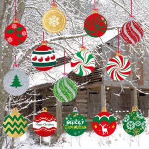 14 Pieces Christmas Yard Signs, Outdoor Lawn Decorations with Stakes, Extra Large Hanging Ball Ornaments for Xmas Party Decor, Giant Outdoors Sign Decoration (88FT Ropes Included)