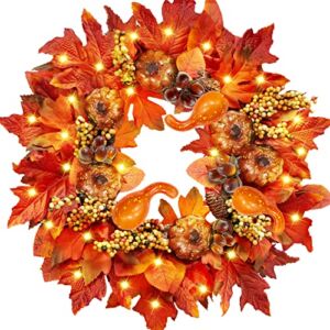 Prelit Thanksgiving Fall Wreath Thanksgiving Decor 20 Lights Timer Front Door 54 Maple Leaves 7 Pumpkin Pinecone 12 Acorn Berry Stem 17 Inch Battery Operated Fall Home Indoor Outdoor (Orange Red)