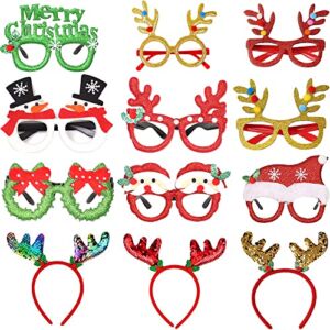 Feelmate Christmas Costume Headbands Elf Party Christma Reindeer Antler Headband Xmas Costume Eyeglasses Glasses Glitter for Adult Kids Holiday Decoration 12Pcs