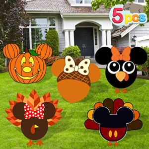 Thanksgiving Decorations Outdoor, 5PCS Yard Signs with Stakes, Mickey Mouse Pumpkins Turkey Maple Leaf Yard Signs for Thanksgiving Garden Lawn Party Decor, Thanksgiving Party Supplies Decorations