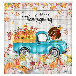 Thanksgiving Shower Curtain, Autumn Fall Trukey Pumpkin on Truck Rustic Shower Curtain Liner for Bathroom, Harvest Fabric Shower Curtain Sets with Hooks 69x70inches