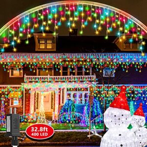 Christmas Icicle Lights Outdoor,400 LED 32.8ft 8 Modes Fairy Starry Hanging Icicle Lights with 64 Drops,Led Christmas Twinkle Lights for Holiday,Party,Wedding,Eaves,Indoor Xmas Tree Decorations