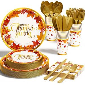 Thanksgiving Fall Party Supplies – 175 PCS Autumn Thanksgiving Disposable Dinnerware Set (25 Guest) with Maple Leaves Gold Paper Plates Napkins Cups Plastic Forks Knives Spoon for Harvest Celebrations