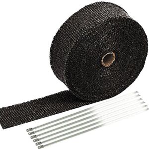 SunplusTrade 2″ x 50′ Black Exhaust Heat Wrap Roll for Motorcycle Fiberglass Heat Shield Tape with Stainless Ties