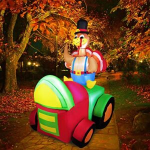HOOJO 6 FT Height Thanksgiving Decorations Outdoor, Thanksgiving Inflatables Turkey Sitting on The Train, Inflatable Turkey Lawn Decoration with LED Lights, Blow up Yard Decorations for Lawn, Garden