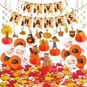 34 Pieces Thanksgiving Party Decorations Set – Fall GIVE THANKS Banner Autumn Theme Hanging Swirls Honeycomb Paper Balloons Maple Leaves Confetti Decor Supplies Cutouts