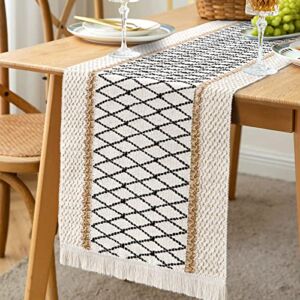Alynsehom Macrame Table Runner Cream Beige Boho Table Runner with Tassels Hand Woven Cotton and Burlap Splicing Table Runner Rustic Farmhouse Table Runner for Bohemian Kitchen Dining Table(12×72 Inch)