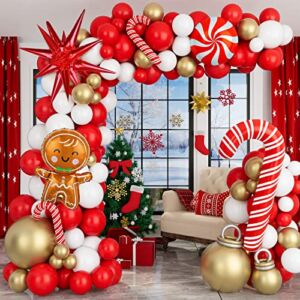 Christmas Balloon Garland Arch Kit Xmas Holiday Balloons with Red White Golden Balloons Candy Foil Balloons Candy Cane Balloons Red Starburst Balloons for Christmas Party Decorations