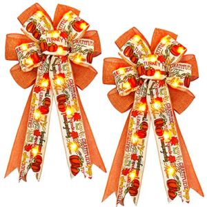 [ Prelit & Large ] 2 Pack 20 Inch Thanksgiving Fall Wreath Bows Thanksgiving Decorations 20 Lights Battery Operated Pumpkin Burlap Bow Wreath for Front Door Thanksgiving Decoration Home Indoor Outdoor