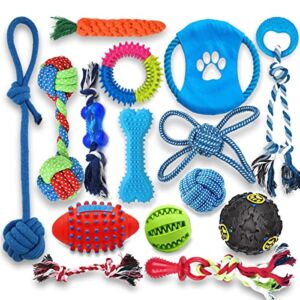 Beiker Puppy Teething Chew Toys – 15 Pack Durable Small Dog Toys for Puppies, Indestructible Dog Rope Chew Toys for Boredom, Interactive Squeaky Treat Dispensing Ball, Funny Flyer, Safe, Non-Toxic