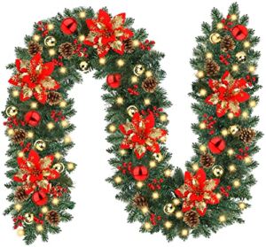 9 FT Christmas Garland with Lights Prelit 50 LED 8 Modes Battery Operated Garland Christmas Decorations for Indoor Outdoor Xmas Holiday Home Mantel Stairs Fireplace Christmas Decor