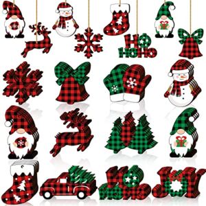 Christmas Wooden Decor Christmas Wooden Snowflake Gnome Snowman Hanging Signs Ornaments Christmas Tree Decoration Signs Wood with Rope for Xmas Party (Plaid Style, 48 Pieces)
