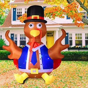 Thanksgiving Inflatable Turkey Outdoor Decor- 5.7 FT Lighted Fall Blow Up Yard Inflatable Build in RGB LED Rotating Lights, Pilgrim Hat & Colorful Tail, Autumn Holiday Lawn Garden Harvest Decor