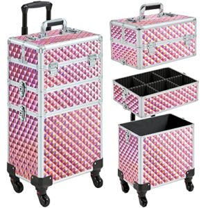 Yaheetech Rolling Makeup Train Case 3 in 1 Cosmetic Case Professional Makeup Suitcase Large Aluminum Cosmetic Trolley with Swivel Wheels and Key, Diamond Pattern- Holographic Pink