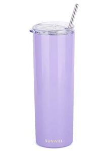 SUNWILL Straw Tumbler Skinny Travel Tumbler with Lid, Vacuum Insulated Double Wall Stainless Steel 20oz for Coffee, Tea, Beverages, Lavender