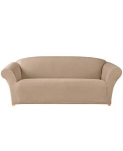 SureFit Home Décor SF44480 Simple Stretch Twill Box Cushion Sofa Slipcover, Form Fit, Polyester/Spandex, Machine Washable, One Piece, Taupe Color, 1