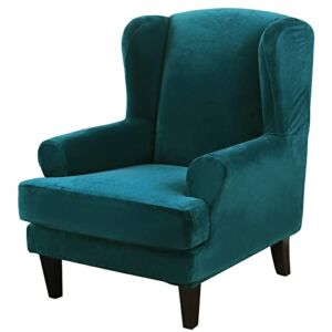 Wingback Chair Slipcovers 2-Piece Velvet Stretch Fabric Wing Chair Cover with Cushion Cover Armchair Sofa Furniture Protector with Elastic Bottom for Living Room Home Decor (Green)