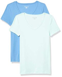 Amazon Essentials Women’s Slim-Fit Short-Sleeve V-Neck T-Shirt, Pack of 2, Aqua Blue/French Blue, Medium