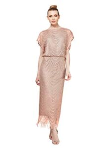 S.L. Fashions Women’s Blouson Metallic Crochet Dress with Fringe Hemline, Gold, 10