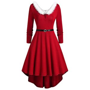Christmas High Low Dress for Women Plus Size Mrs Claus Costume Xmas Outfits Fuzzy V Neck Swing Holiday Party Dress Red