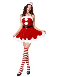 Women Christmas Dress Costume Red Santa Dresses Sexy Adult Holiday Party Outfits Cosplay Set(Cute Red 3Pcs,Medium)