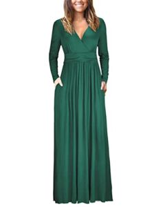 OUGES Womens Long Sleeve V-Neck Wrap Waist Maxi Dress(Green,XL)