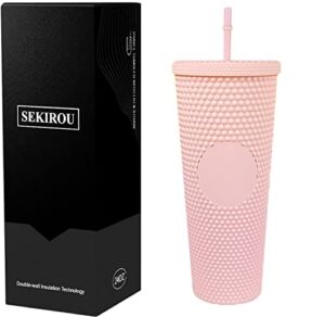 Matte Studded Double Wall Water Tumbler with Straw and Leak Proof Lid, 24OZ Reusable Iced Coffee Custom Cup Personalized (Coral Pink)