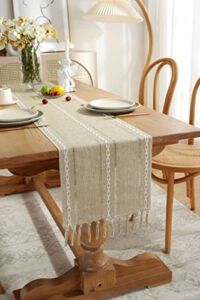 Hawea Home Rustic Linen Table Runner with Handmade Tassel, Embroidered Farmhouse Style Table Runners 120 inches Long for Party and Dining Room Decorations, 13 x 120 inch