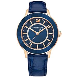 SWAROVSKI Crystal Authentic Octea Lux Watch, Leather Strap, Blue, Rose Gold Tone – High Class Stone Studded Swiss Made Timepiece Jewelry and Everyday Accessory for Women