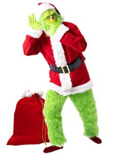 Blafly Christmas Costume for Men Santa Suit Adult 8PCS Deluxe Professional Furry Green Big Monster for Halloween Xmas Outfit Holiday Cosplay Set S