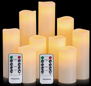 Hausware Flameless Candles Battery Operated Candles H 4″ 5″ 6″ 7″ 8″ 9″ Real Wax Pillar Flickering Candles LED Flameless Candles with Remote and Timer Control Set of 9 (Ivory Color)