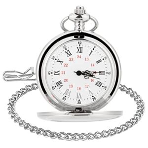 WIOR Classic Smooth Vintage Pocket Watch Silver Steel Mens Watch with 14 in Chain for Graduation Xmas Fathers Day（White）