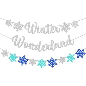 3Pcs Winter Wonderland Banners, Glittery Snowflake Banner Christmas Decorations Banners Winter Holiday Garland Photo Props Banner for Party Home Decorations