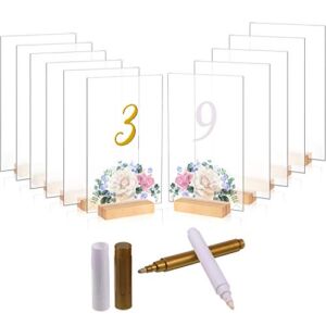 12 Pack Clear Blank Acrylic Sign Holder with Wooden Table Card Stands Menu Number Signs Display Stand Party Table Sign Holder with White and Gold Pen for Wedding Restaurant (Wood Color,5 x 7 Inch)