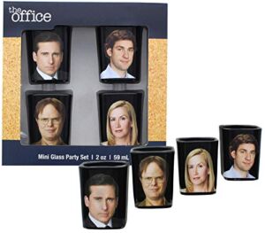 The Office Collectible Character Shot Glass Drinking Game | Features Michael, Jim, Dwight, & Angela | 2 Ounce Glasses | Set of 4