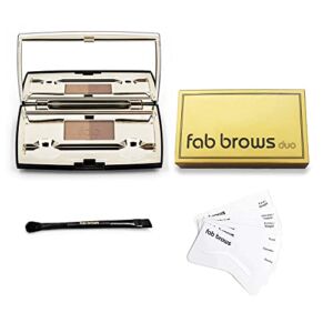 Fab Brows Duo Eyebrow Kit, Ultimate Brow Stencil Kit with Compact Powder Mirror and Eyebrow Shaper, Waterproof Eye Makeup Contour Palette Set for Eyebrow, Eyebrow Cosmetics, (Light / Medium Brown)