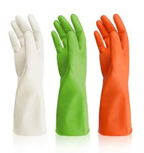 Household Cleaning Gloves, Cleanbear Reusable Latex Free Cleaning Gloves without Lining, 3 Colors 3 Pairs, Medium, 12 Inches)