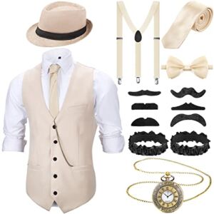1920s Mens Costume Halloween 20s Accessories Clothing Outfit with Gangster Vest Fedora Hat Vintage Pocket Watch Suspenders Tie (Beige, Medium)