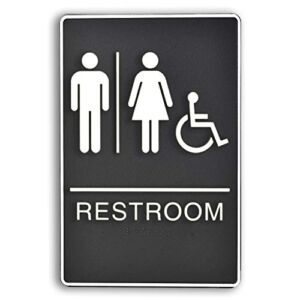 Bebarley Self-Stick ADA Braille Unisex Restroom Signs with Double Sided 3M Tape for Office or Business Bathroom and Toilet Door or Wall Decor 9”X6” (Black)