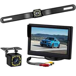 BY-J Backup Camera Rear View Monitor Kit, for Car Truck Minivan Waterproof Night Vision, License Plate Rear View Camera & 5″ Inch TFT LCD Screen Package