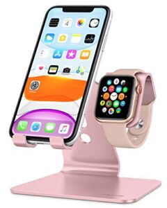 OMOTON Stand for Apple Watch – 2 in 1 Universal Desktop Stand Holder for iPhone 14 13 12 11 All Series and Apple Watch Series 8/SE2/7/6/SE/5/4/3/2 (Both 38mm/40mm/41mm/42mm/44mm/45mm) (Rose Gold)