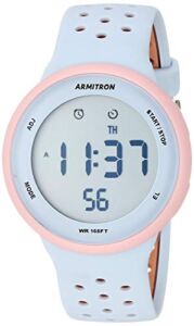 Armitron Sport Unisex 40/8423PPB Light Pink Accented Digital Chronograph Light Blue and Tan Perforated Silicone Strap Watch